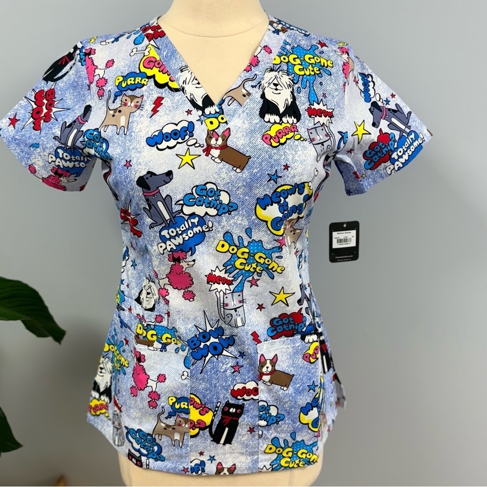 NWT Doggone Cute Scrub Top XS  Dogs Cats Blue Cotton Scrubs Animals Puppy Kitty